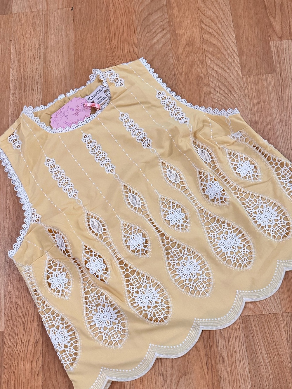Nanette Lepore Pale Yellow Cotton Top with White Crochet Trim